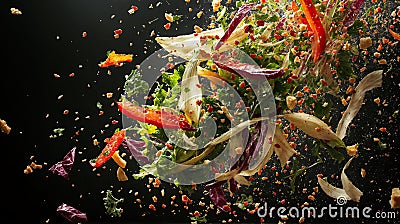 Exploded Delicious Salad with Fresh Vegetables on Dark Background Stock Photo