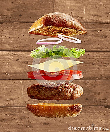 Exploded diagram of burger, buns and ingredients Stock Photo