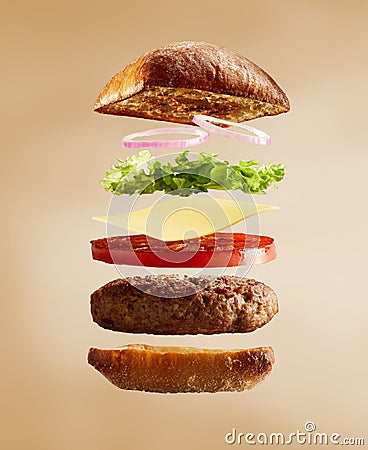 Exploded view of burger, buns and ingredients Stock Photo