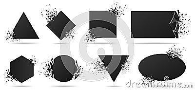 Exploded frame with spray particles. Explosion destruction, shattered geometric shapes and destruction energy vector banners set Vector Illustration