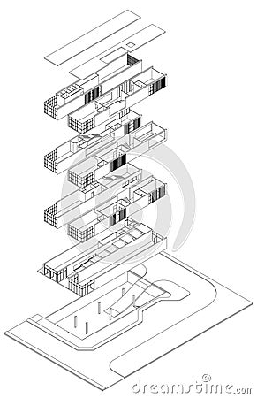 Exploded isometric drawing Stock Photo