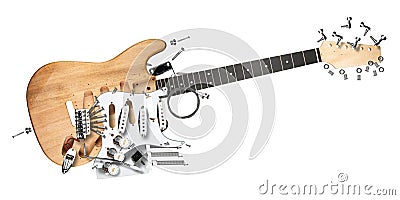 Exploded view of electric guitar with all parts and components wooden body wood neck and electronics single coil pickguard pickup Stock Photo