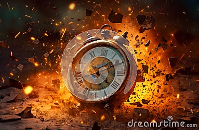 Exploding big clock in the dark, broken and lost time concept, realistic design illustration, generative ai Cartoon Illustration