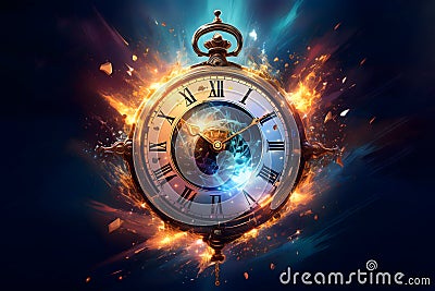 Exploding clock in space Stock Photo