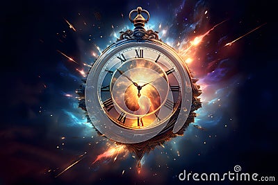 Exploding clock in space Stock Photo