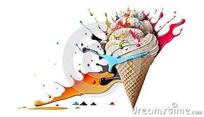 Exploding Colorful Splash Ice Cream With Waffle - Generative AI Stock Photo