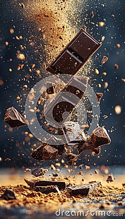 Exploding Dark Chocolate Bars and Cocoa Powder on a Deep Brown Background A Dynamic Studio Shot. Stock Photo