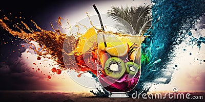 exploding glass with liquid colored tropical cocktail Stock Photo