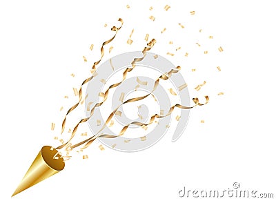 Exploding gold party popper with confetti and streamer Vector Illustration