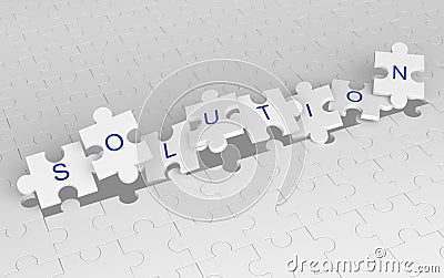 Exploding jigsaw puzzle pieces with solution word. White pattern Cartoon Illustration