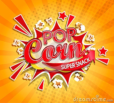 Exploding label for popcorn on sunburst background Vector Illustration