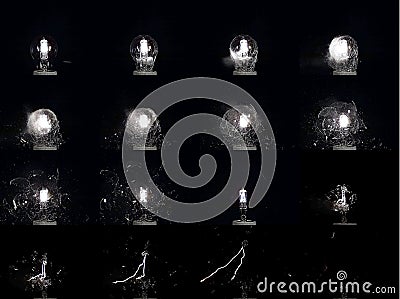 Exploding Light Bulb against Black Background, Sequence Image Stock Photo