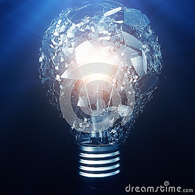 Exploding light bulb on a blue background, with concept creative thinking and innovative solutions. 3D rendering Stock Photo