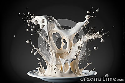 Exploding milk splash against Black Background in slow motion. Milky white liquid dripping splashing wave. Generative AI Stock Photo