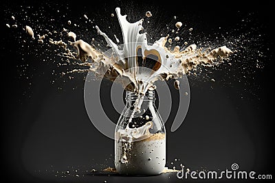 Exploding milk splash against Black Background in slow motion. Milky white liquid dripping splashing wave. Generative AI Stock Photo