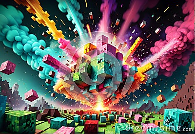 Exploding Minecraft colorful cubes paint and splashes. Minecraft colorful blocks. Exploding cubes. Generative AI Stock Photo