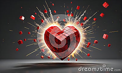 Exploding Minecraft colorful cubes paint and splashes. Heart shape colorful blocks. Generative AI. Stock Photo