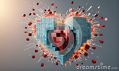 Exploding Minecraft colorful cubes paint and splashes. Heart shape colorful blocks. Generative AI. Stock Photo