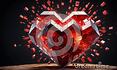 Exploding Minecraft colorful cubes paint and splashes. Heart shape colorful blocks. Generative AI. Stock Photo