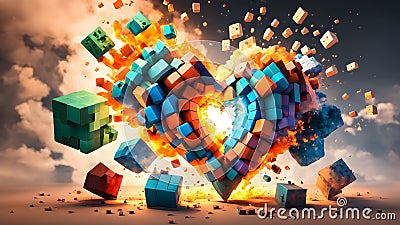 Exploding Minecraft colorful cubes paint and splashes. Heart shape colorful blocks. Generative AI. Stock Photo