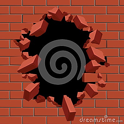 Exploding out hole in red brick wall vector illustration Vector Illustration