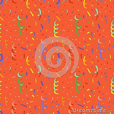 Exploding party popper with colorful serpentine and confetti, seamless pattern on red background Vector Illustration