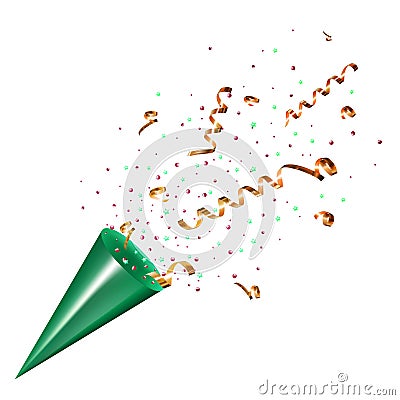 Exploding party popper with confetti and streamer on white Vector Illustration