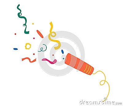 Exploding party popper. Multi-colored confetti are flying out of a firecracker. Holiday, birthday. Confetti, serpentine, tinsel. Vector Illustration
