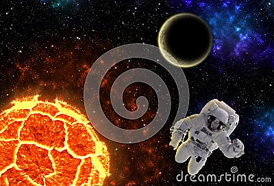 Exploding Planet with Astronaut, Elements of this image furnished by NASA. Stock Photo