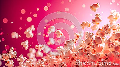Exploding popcorn against a vibrant pink bokeh background, capturing the dynamic motion and festive vibe Stock Photo