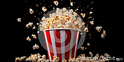 Exploding Popcorn in a Red and White Striped Container with Sparks on a Black background. Front View. Generative AI Stock Photo