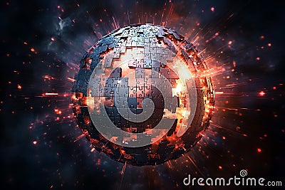 Exploding Puzzle Sphere Abstract 3D Render of Fiery Jigsaw Globe Stock Photo
