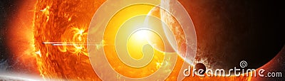 Exploding sun in space close to planet 3D rendering elements of Stock Photo