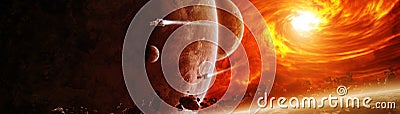 Exploding sun in space close to planet 3D rendering elements of Stock Photo