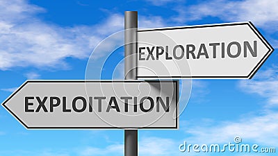 Exploitation and exploration as a choice, pictured as words Exploitation, exploration on road signs to show that when a person Cartoon Illustration