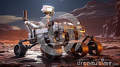 Exploration of Mars. Robotic Rover Conducts Scientific Investigations on Rugged Terrain Stock Photo