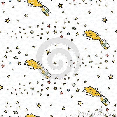 Exploration Space Milky Way Background Seamless Vector Pattern, Hand Drawn Vector Illustration