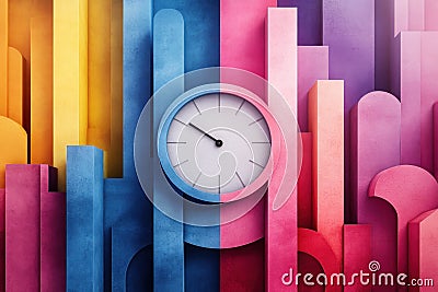 Explore abstract geometric art depicting structured time and discipline, where colorful blocks and a central clock face create a Stock Photo