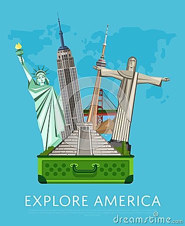 Explore America banner with famous attractions. Vector Illustration