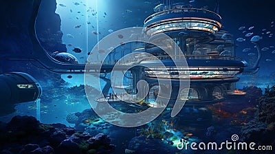 Ultra-Realistic Rendering of a Futuristic Underwater Research Facility - AI Generative Stock Photo