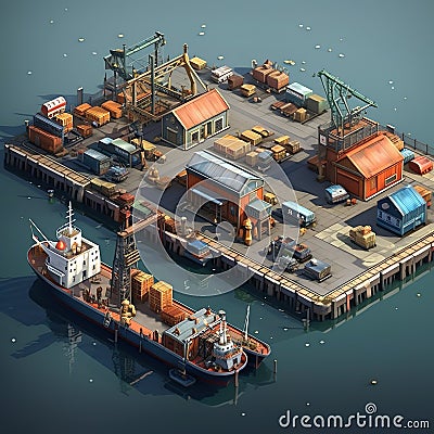 Docks waterfront scenes with ships warehouses and bustling maritime activity AI Isometric view Stock Photo
