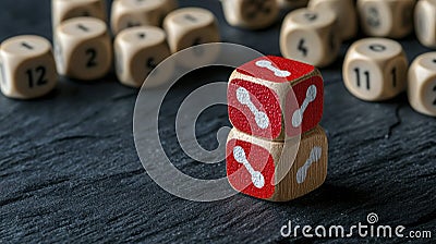 Explore a captivating macro shot of numbered dice scattered across a textured slate surface, where focus rests upon two dice Stock Photo