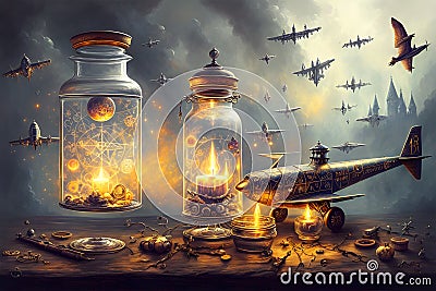 Illuminated Jars with Alchemical Symbols and Candles, Amidst Historically Inspired Flying Machines. AI generated Stock Photo