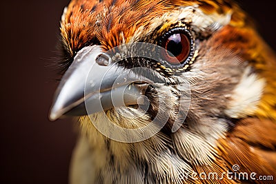 Close-Up Capture of a Delicate Sparrow, Showcasing Its Tiny Features and Playful Elegance.GenerativeAI. Stock Photo