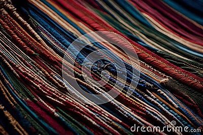 The concept of emotional tapestry through a photograph of an intricately woven textile, each thread representing a unique Stock Photo