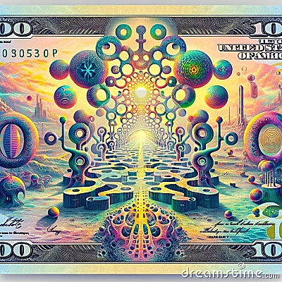 Extraterrestrial Currency: AI Crafted 100 Dollar Bill with Alien Aesthetics Stock Photo