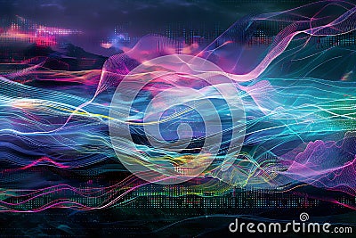 AI Art Featuring Technology-Based Clouds and High-Level Data Processing Lines Stock Photo