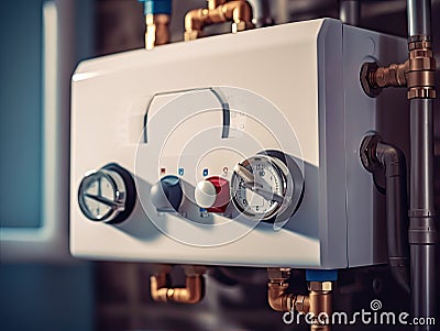 Modern Double-Circuit Combi Boiler Close-Up on Residential Building Wall - Generative AI Cartoon Illustration