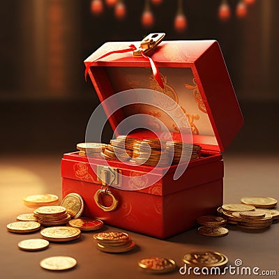 Creative Design of Gifts 3D-Rendered Red Box with Gold Coins and Texture Details,ai generated Stock Photo