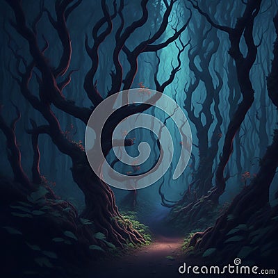 Enchanted Realm: A Mystical Forest with Vibrant Otherworldly Flora and Fauna Stock Photo